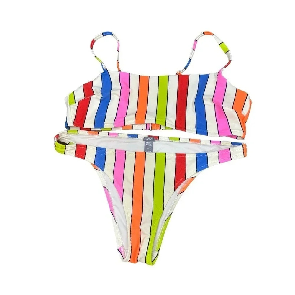 Aerie Swim Cheekier Women's Multicolor Striped Shanghai Strap Bikini Set Size L